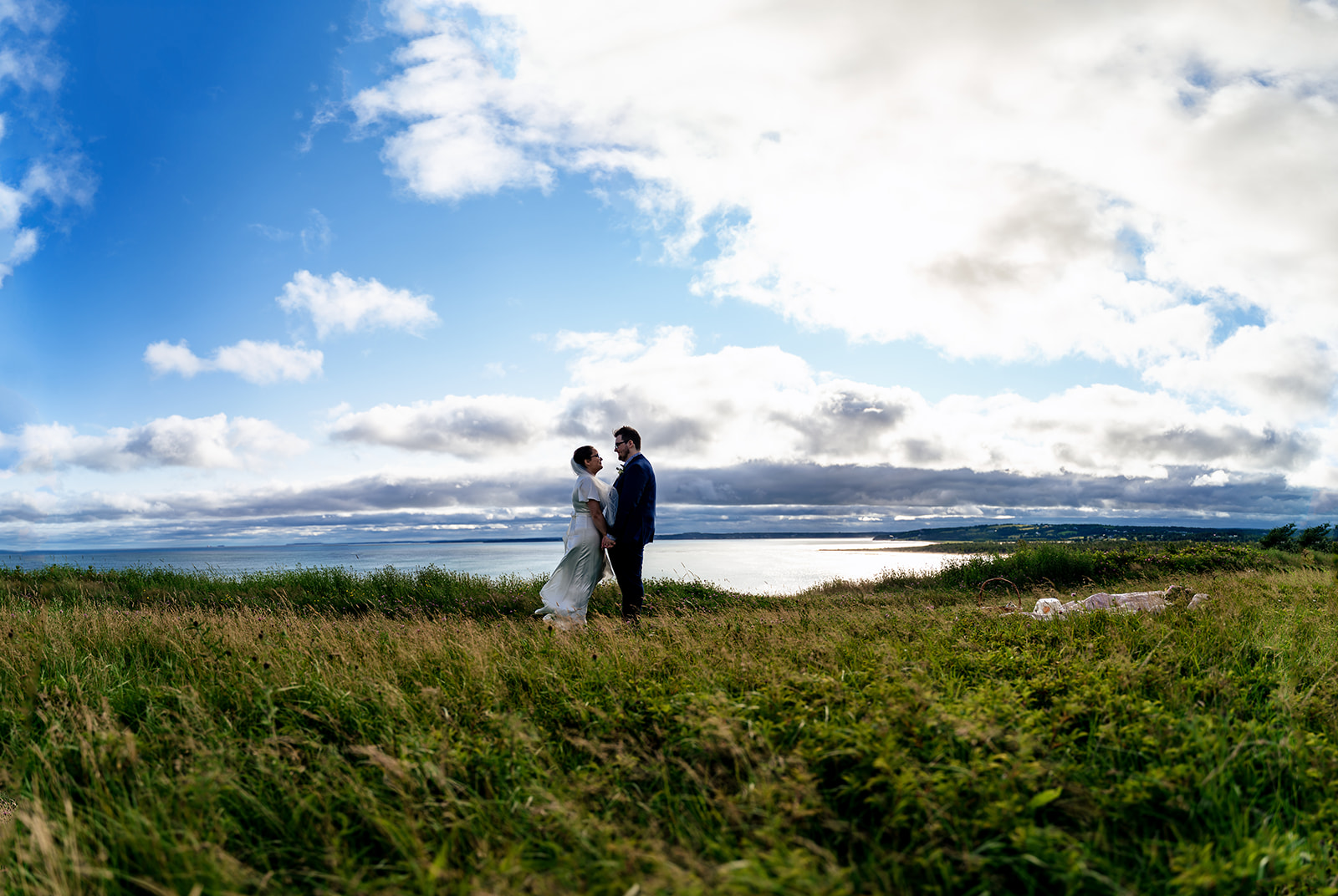 A bride and groom stand facing one another holding hands on a grassy cliff in summer with the ocean view behind them