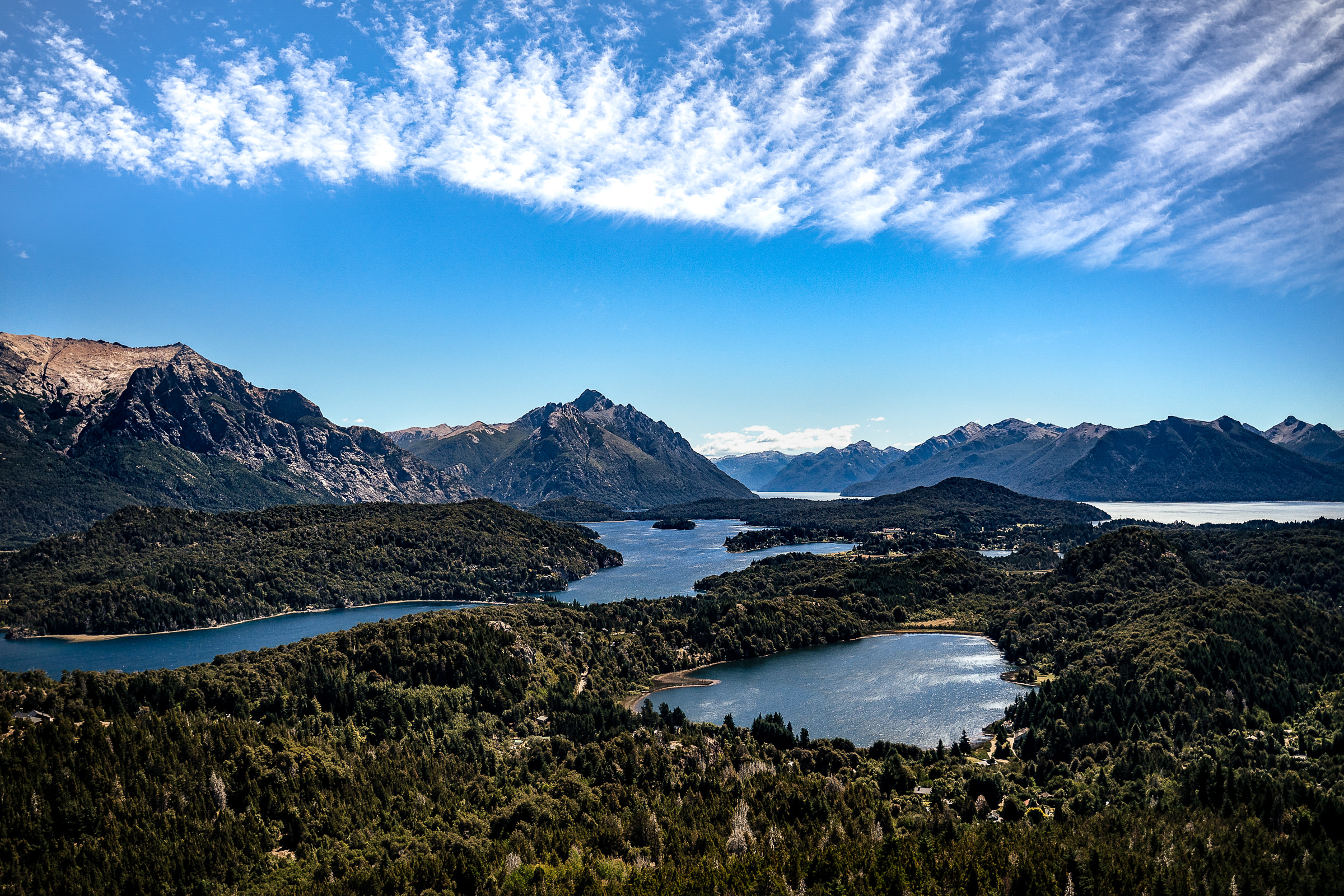 A view of Bariloche Argentina of the lakes and mountains and trees